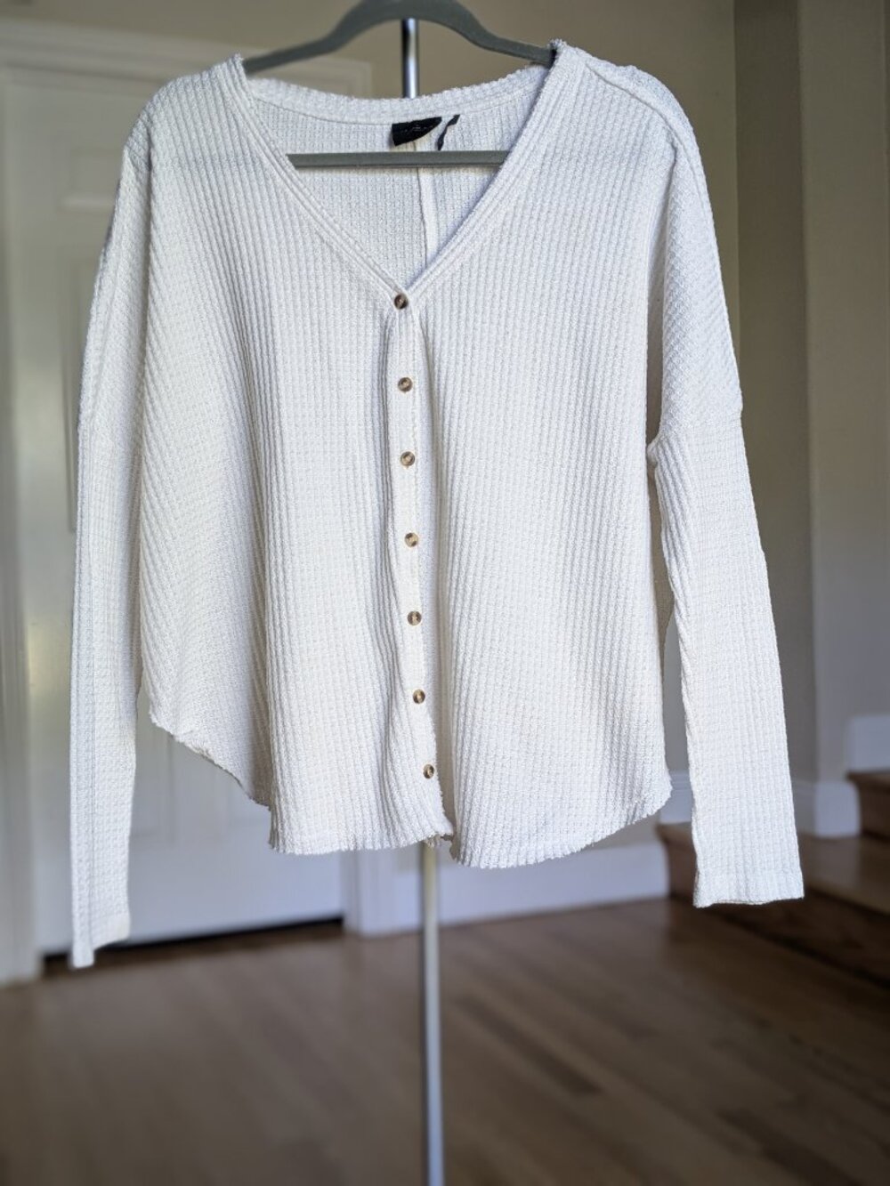 Out From Under White Waffle Knit Cardigan Sweater Womens M Raw Edge Boho Fall